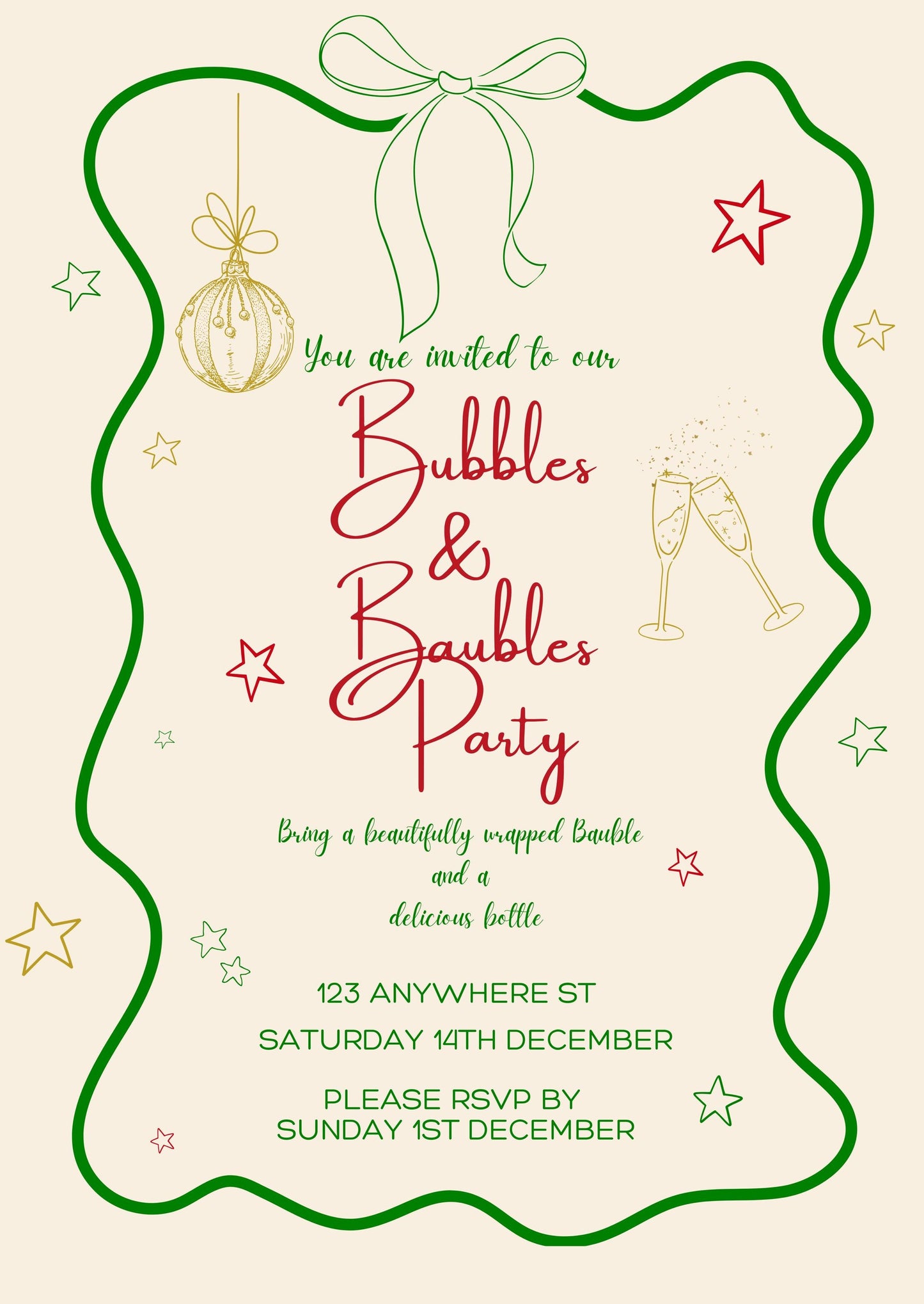 Bubbles and Baubles Christmas Party Invitation, Holiday Christmas Party Invite, Vintage Christmas Party Printable Instant Download Template