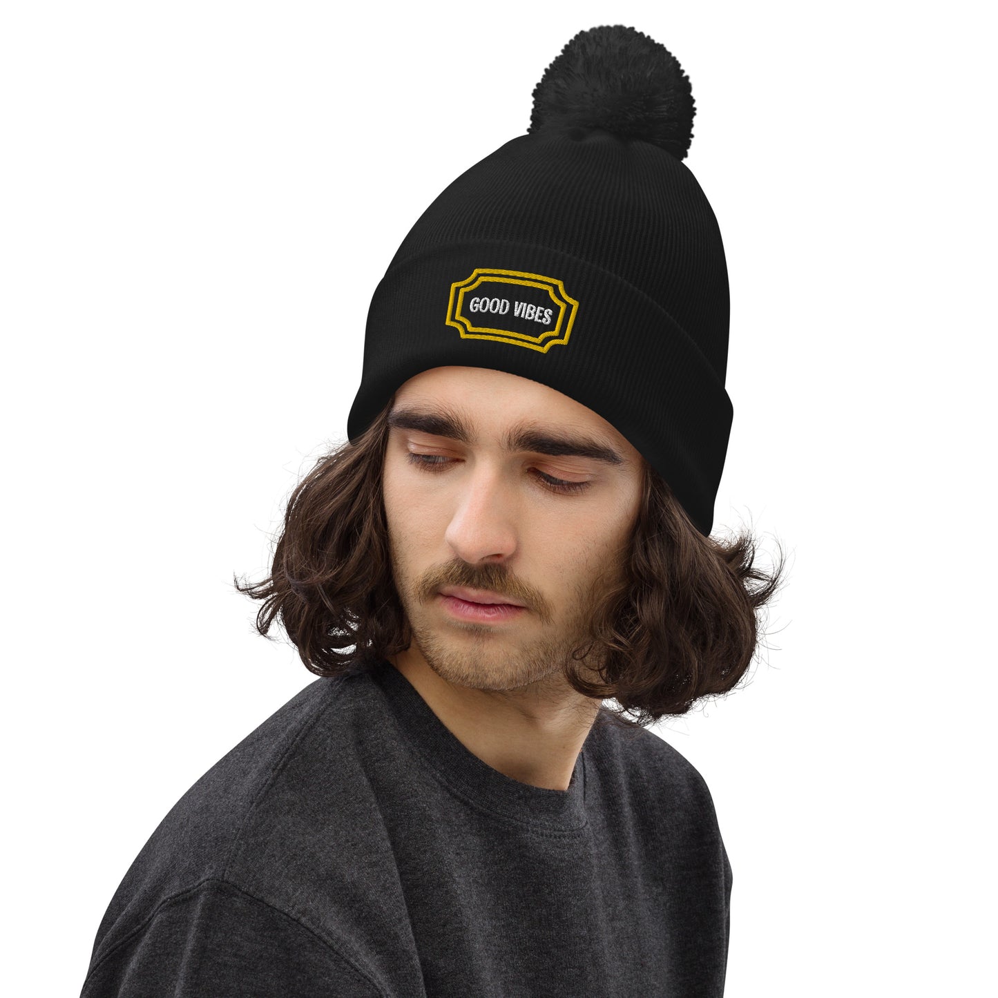 Good Vibes Embroidered Pom Pom Beanie