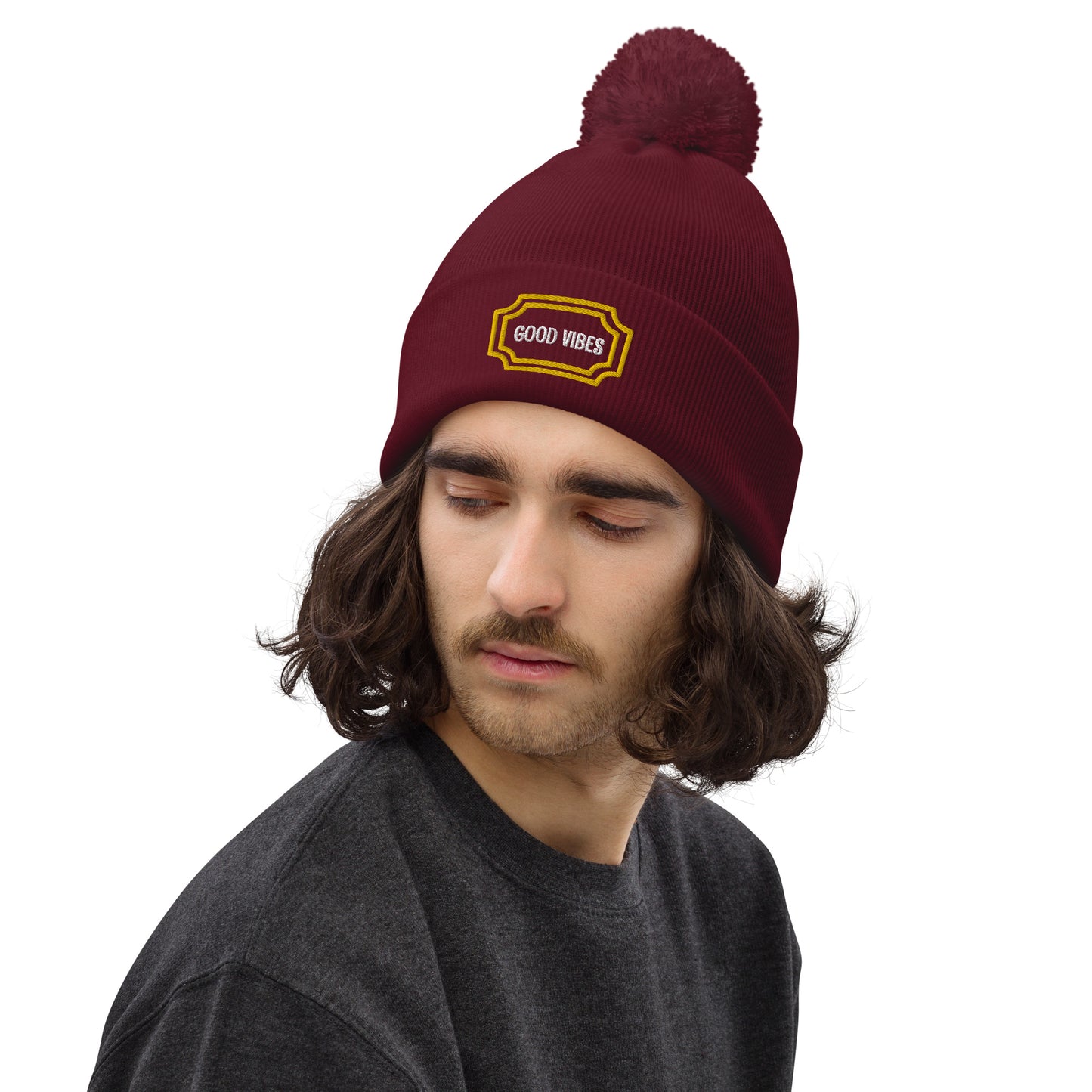 Good Vibes Embroidered Pom Pom Beanie