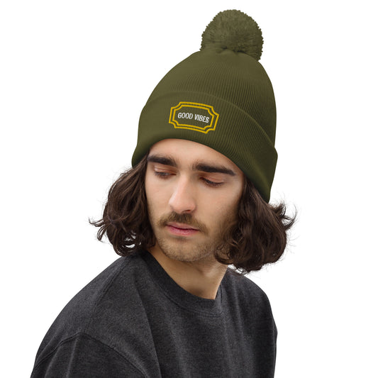 Good Vibes Embroidered Pom Pom Beanie